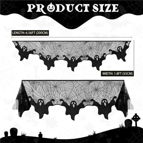 Halloween Decorations Indoor Fireplace Mantel Scarf, Black Lace Ghost Spiderweb - Picture 2 of 7